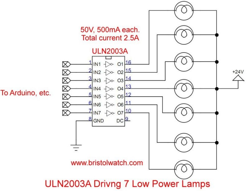 ULN2003A driving 7, 24-volt light bulbs.