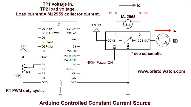 Wiring diagram Arduino controlled constant current source.