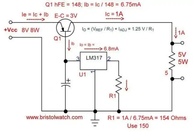 LM317 controls MJ2955 transistor creating a 1-amp constant current source.