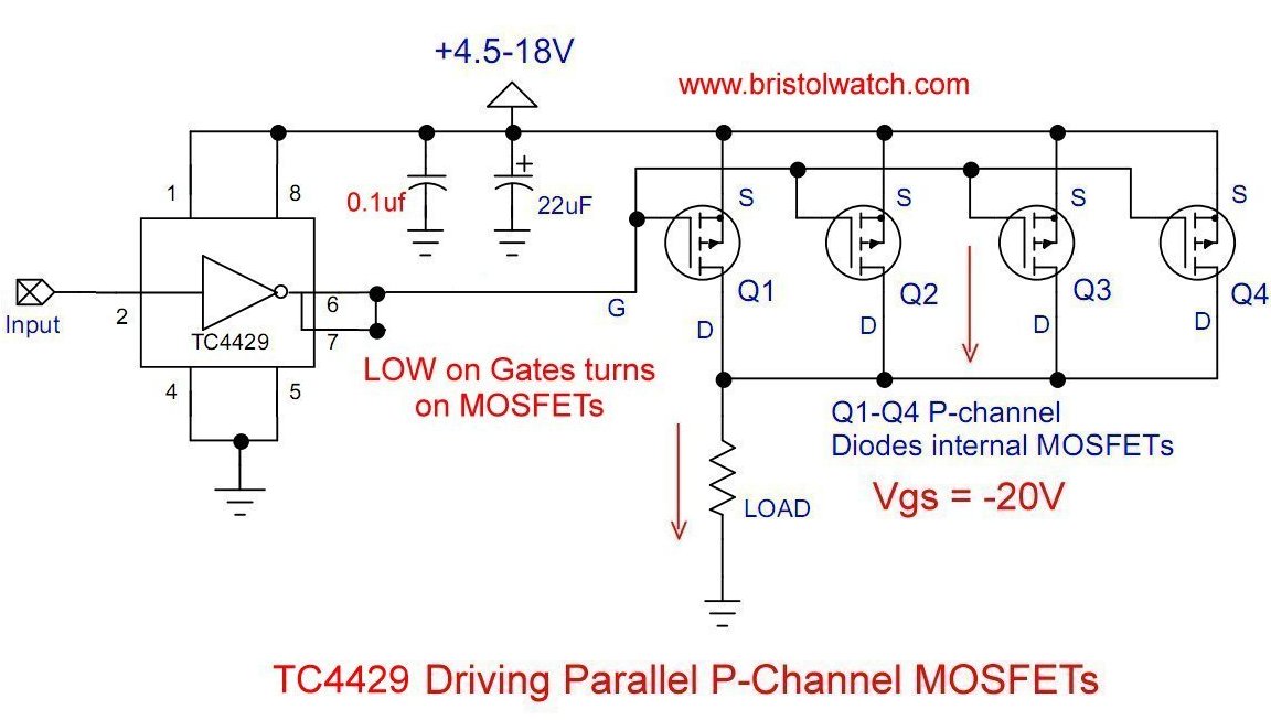 TC4420 driving parallel P-channel MOSFETs.