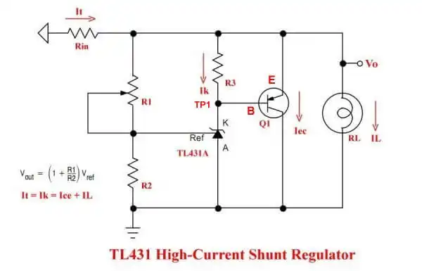 Basic TL431 shunt regulator circuit example 1.