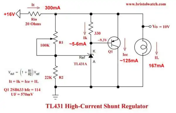 Basic TL431 shunt regulator circuit example 3.