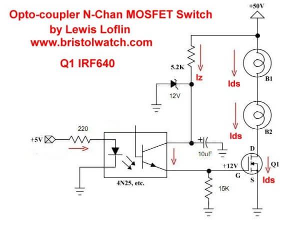N-channel opto-isolated MOSFET switching circuit using IRF630