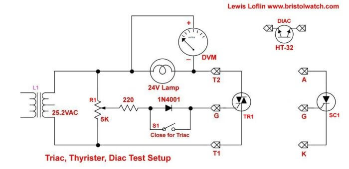 Schematic test setup for Triac-SCR lab with test triac connected.