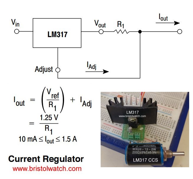 1 amp LM317 constant current source image with heat sinks.