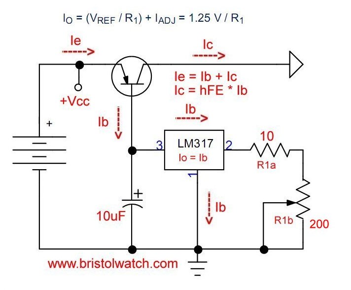 LM317 constant current source with pass transistor.