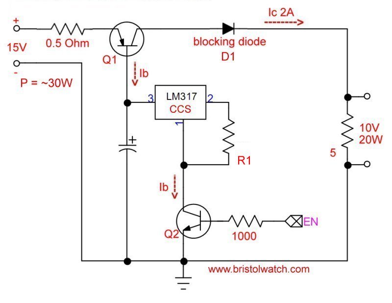 LM317 constant current source with pass transistor and ON-OFF switch.