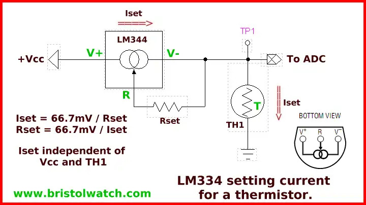 LM334 controlling current through a thermistor.