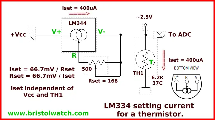 LM334 controlling current through a thermistor.