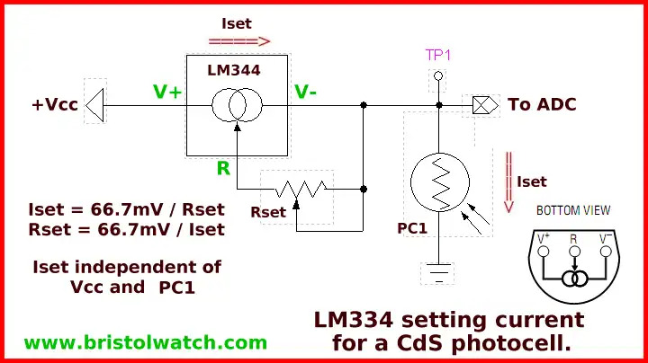 LM334 controlling current through a CdS photocell.