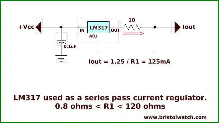 LM317 used as a series pass constant current source with a single resistor.