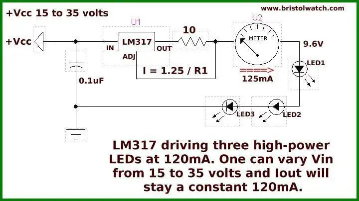 LM317 driving three high-power white LEDs.