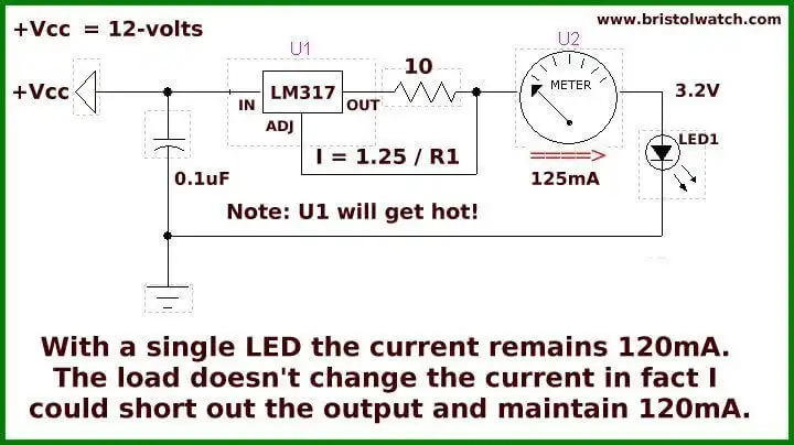 LM317 constant current source powering single LED.