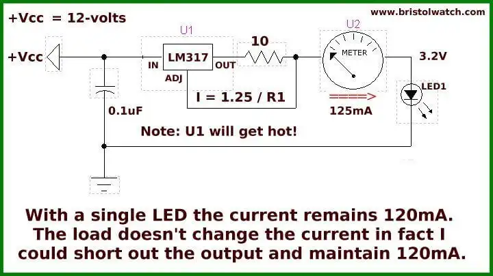 LM317 constant current source powering single LED.