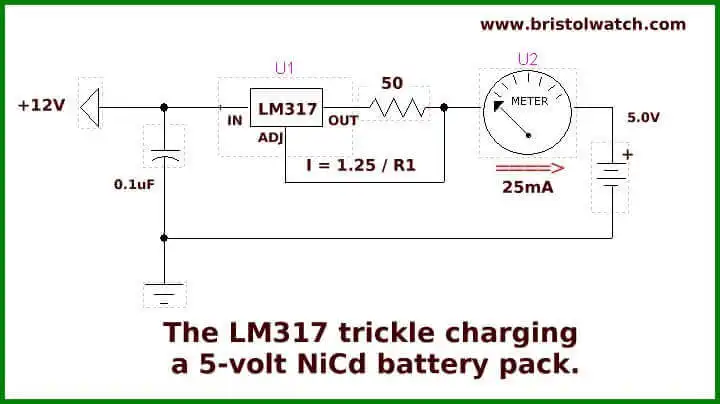 LM317 constant current source trickle charging a battery.