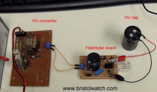 Flashtube test setup with HV power supply.