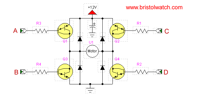 Transistor H-bridge with diodes