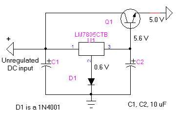 LM7805 5-volt supply with pass transistor.