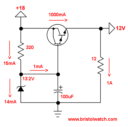 Zener diode regulated transistor circuit with NPN Darlington transistor.