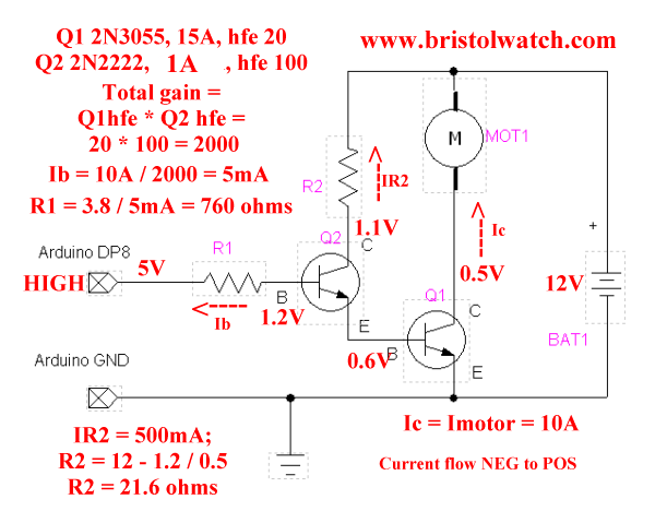 2N3055 transistor switch with 2N2222a pre-driver.