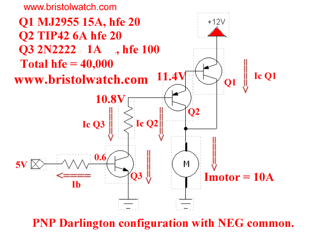MJ2955, TIP42, and 2N2222 Darlington transistor switch.