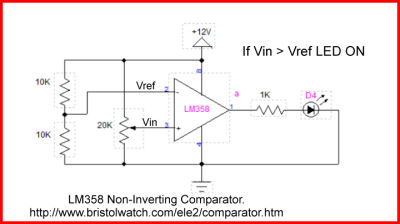 LM358 op-amp comparator with external NPN open collector output.