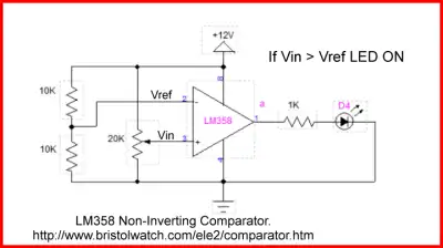 LM358 op-amp comparator with external NPN open collector output.