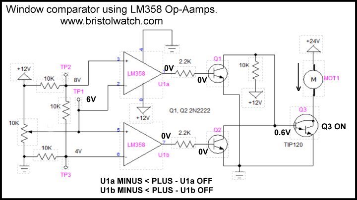 Window comparator using LM358 dual Op-Amp.
