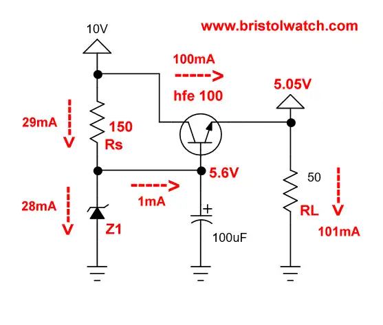 Zener diode regulated transistor circuit.