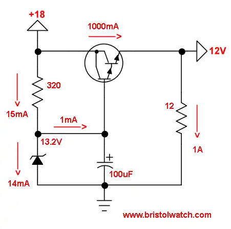 Zener diode regulated transistor circuit with NPN Darlington transistor.
