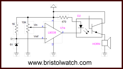 LM339 comparator over voltage alarm using opto-coupler to sound horn.