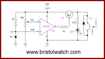 LM339 comparator driving relay with external PNP transistor