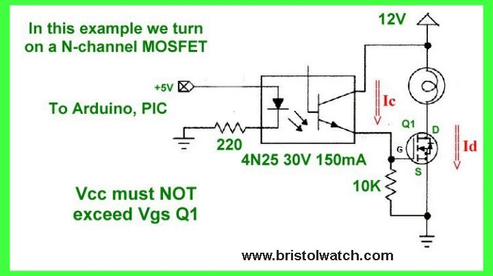 N-channel MOSFET switch using photo transistor opto-coupler.