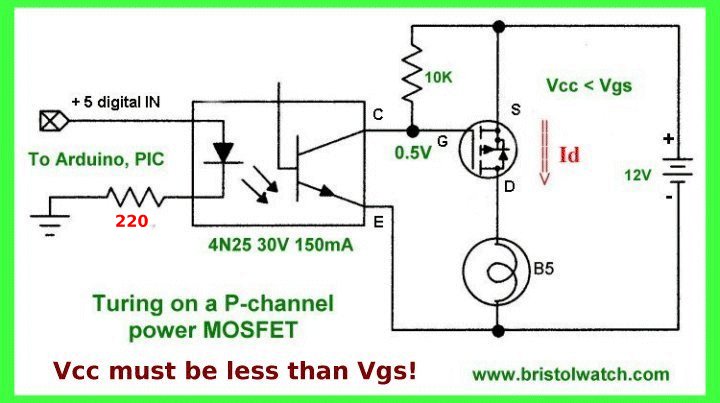 P-channel MOSFET switch using photo transistor opto-coupler.