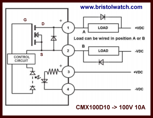 Crydom CMX100D10 SIP MOSFET solid state relay internal diagram and electrical connections.