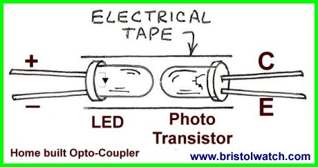Home built optocoupler IR emitter and photo-transistor detector.