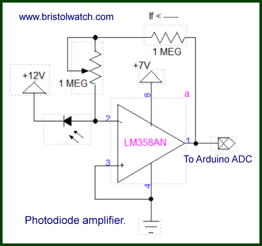 LM358 photodiode trans-impedance amplifier.