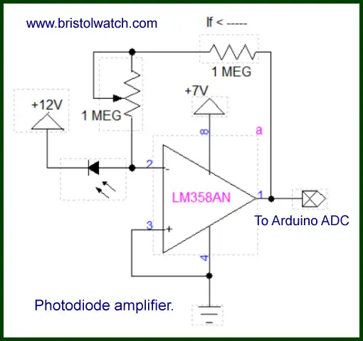 LM358 photodiode trans-impedance amplifier.