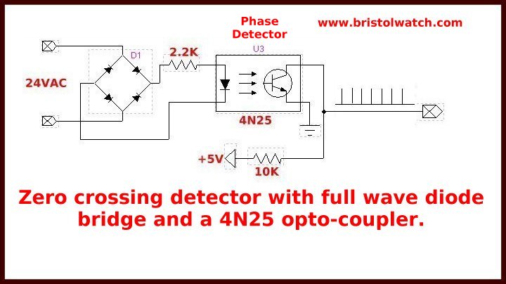 Zero-crossing pulse detector circuit using a 4N25 opto-coupler.