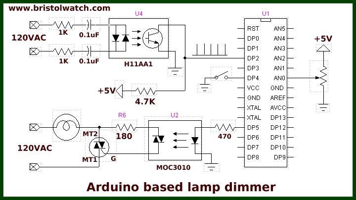 Arduino with zero-crossing detector for AC power control.