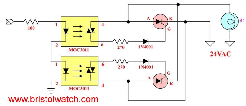 Two separate SCR modules using MOC3011 optocouplers connected as Triac.