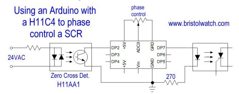 Arduino phase control of SCR with H11C4 opto-coupler.