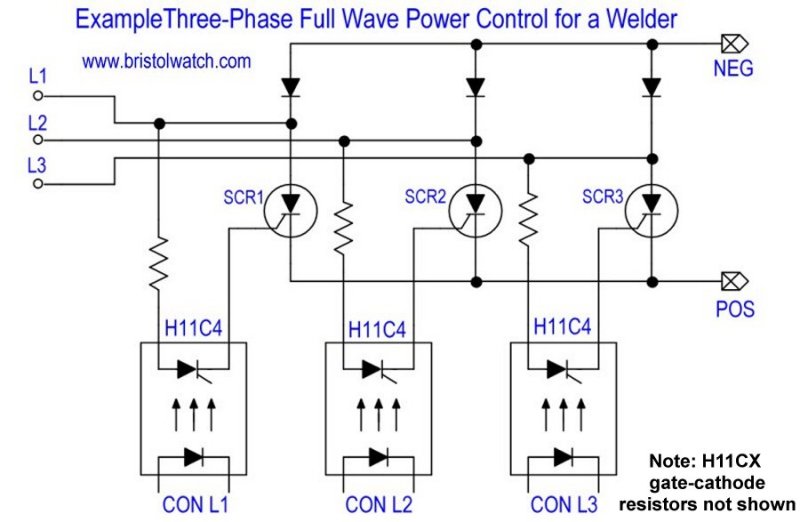 Example three-phase power supply control for a welder. Full wave DC output.