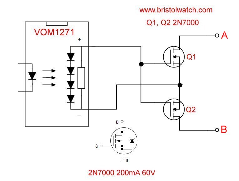 VOM1271 with two power MOSFETs forms bidirectional AC-DC switch.