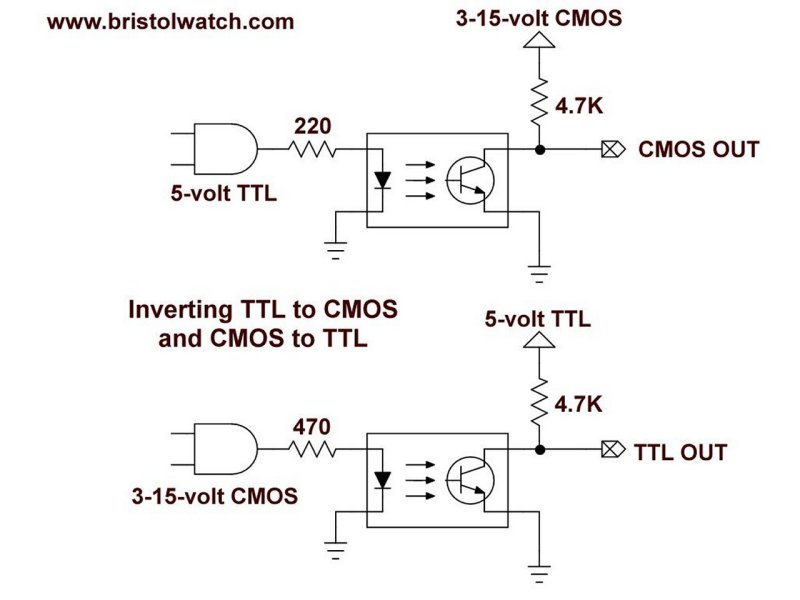 4N25 optocoupler to form non-inverting CMOS to TTL logic level shifter.