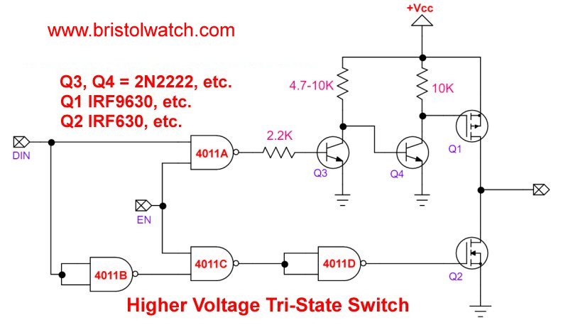 Tri-State switch with NPN transistors for higher voltage output.