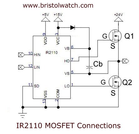 Simplified IR2110 output MOSFET connections.