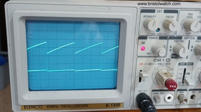 DIAC Sawtooth waveform on analog oscilloscope.