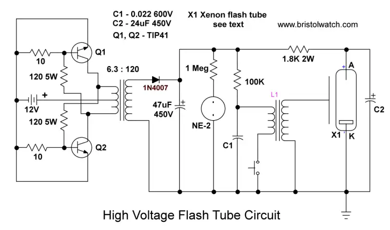 High voltage flash tube circuit with manual switch.