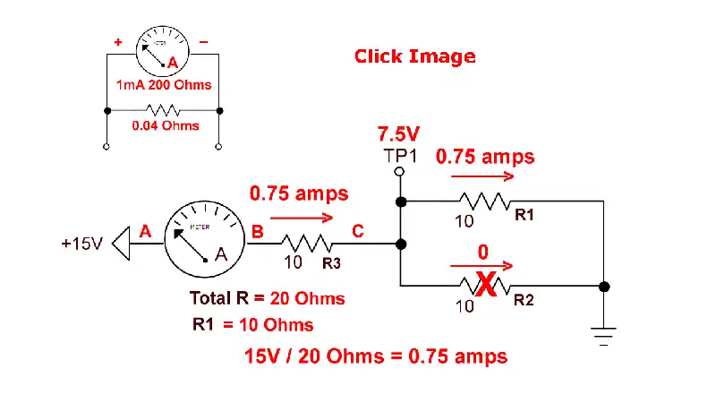 Series-parallel circuit with three 10 Ohm resistors, one resistor open.